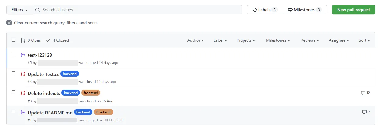 Fig. 4. Automatically labeled pull requests in a repository on GitHub